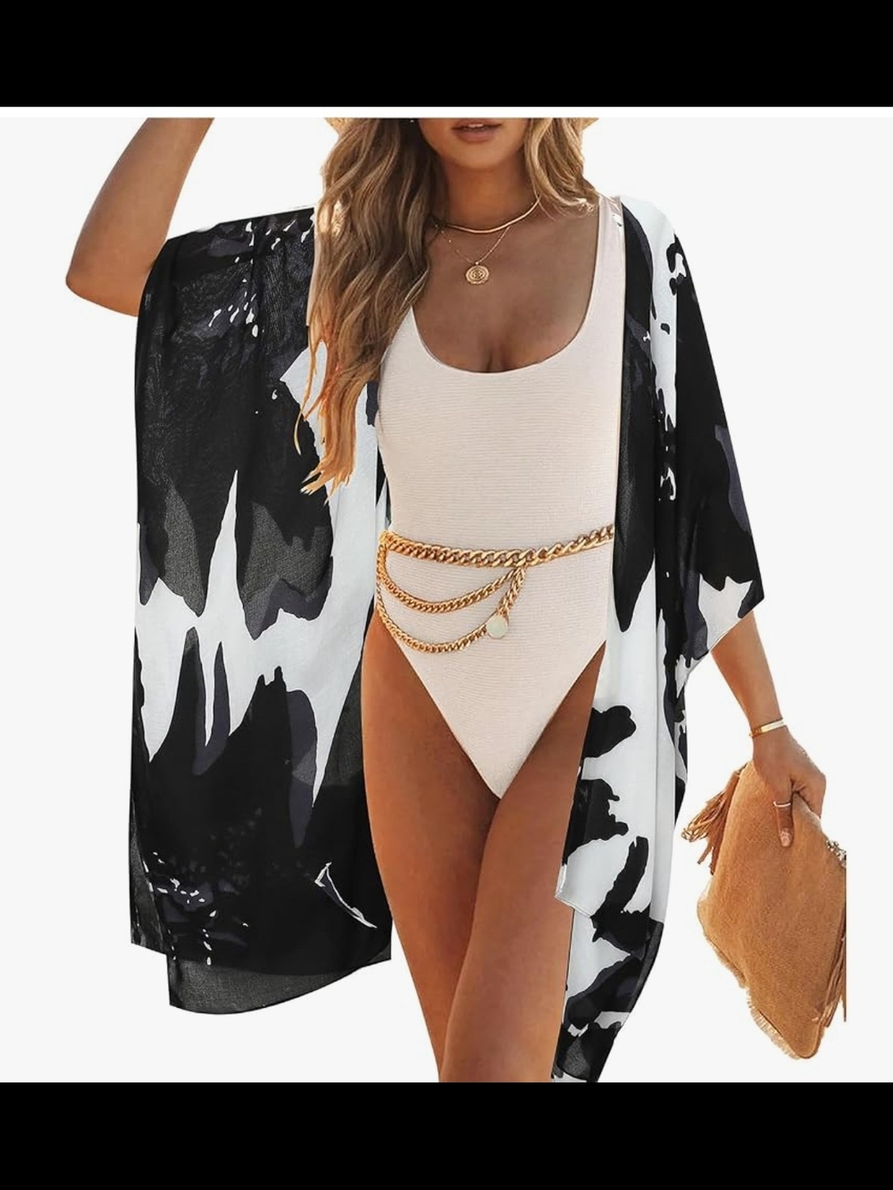 Black & White Swim Cover-Up Kimono - Stylish Oversized Beach Wrap